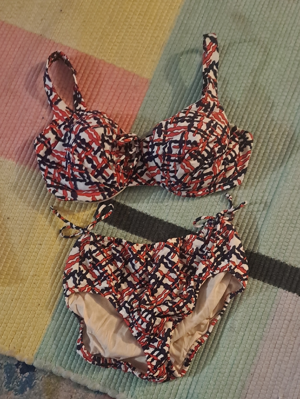 Vintage Bali Red, Black & White Patterned Two-Piece Swim Set, XS